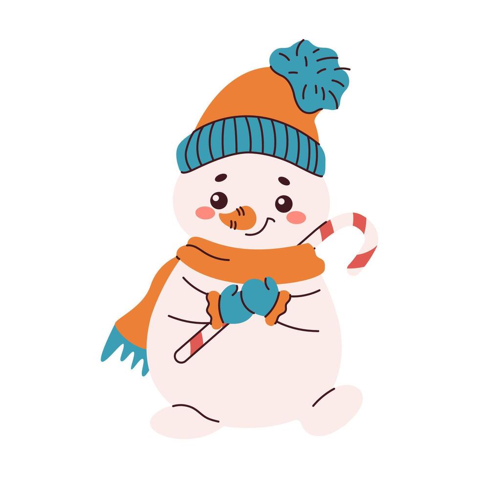 Smiling snowman in knitted hat holding candy cane flat color character. Symbol of winter holidays illustration on white background vector