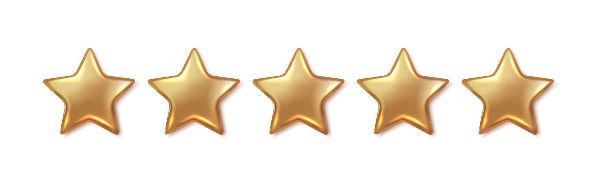 Five golden stars shining realistic illustration. Perfect customer rating and excellent service satisfaction 3d objects on white background vector