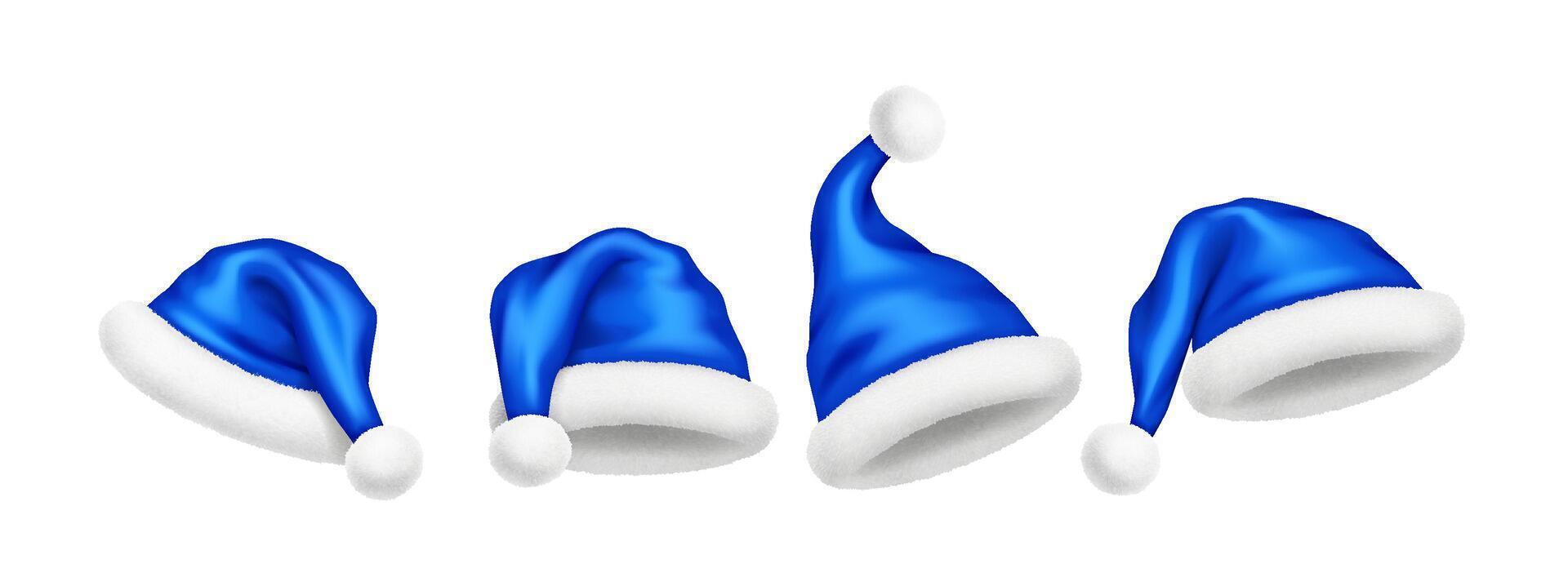 Glossy Santa hats of blue silk and fur realistic illustration set. New year celebration headgear 3d models on white background vector