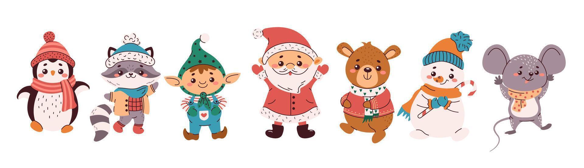 Lovely Christmas symbols flat color objects set. Forest animals with Santa elf and snowman illustration bundle on white background vector