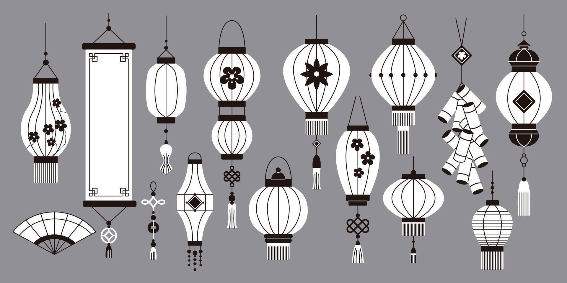 Chinese New Year celebration attributes linear icons collection. Oriental accessories for happy holidays objects set on grey background vector