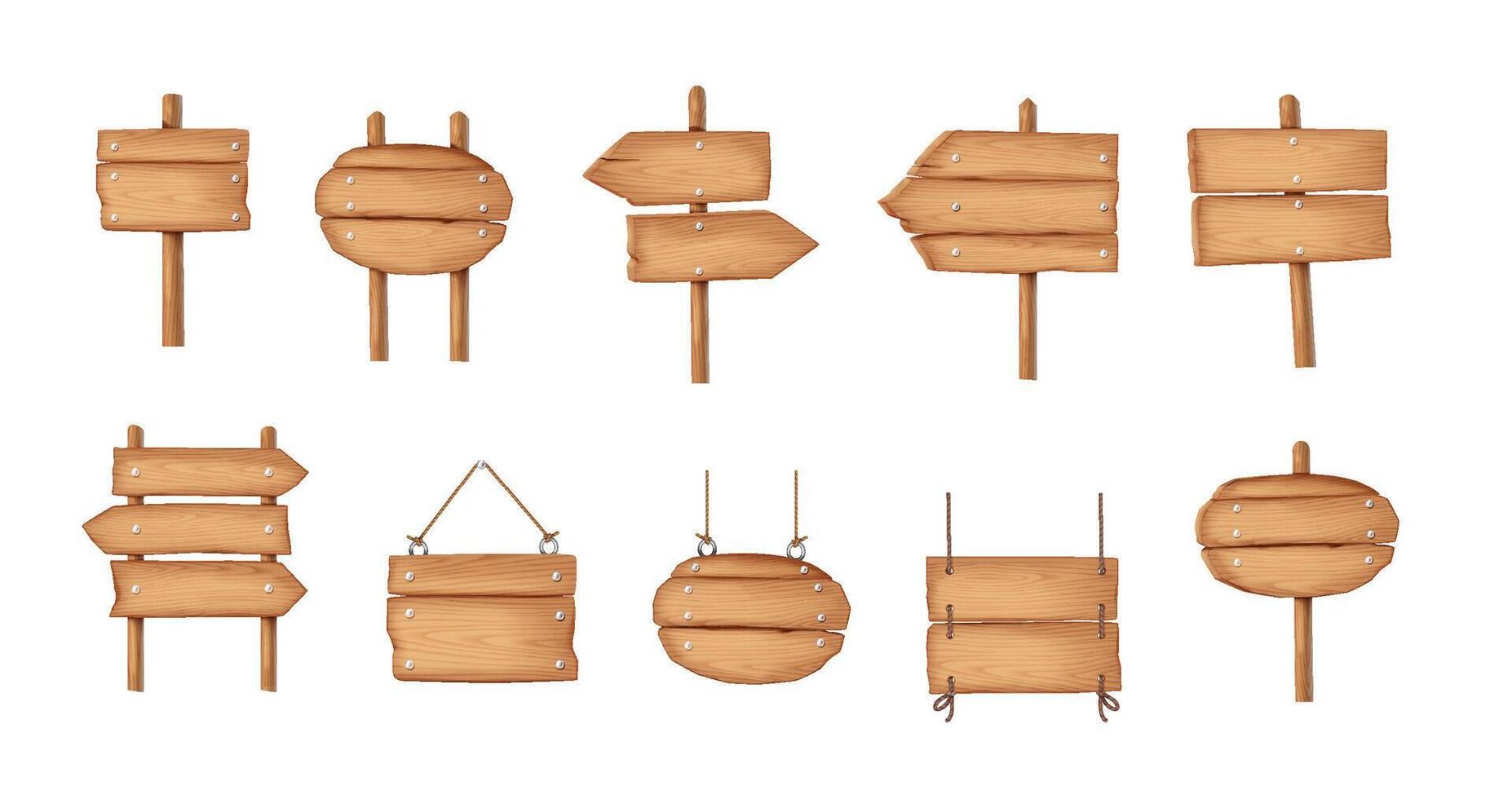 Wooden signposts presenting various shapes realistic color icons set. Options and versatile choices signage 3d objects on white background vector