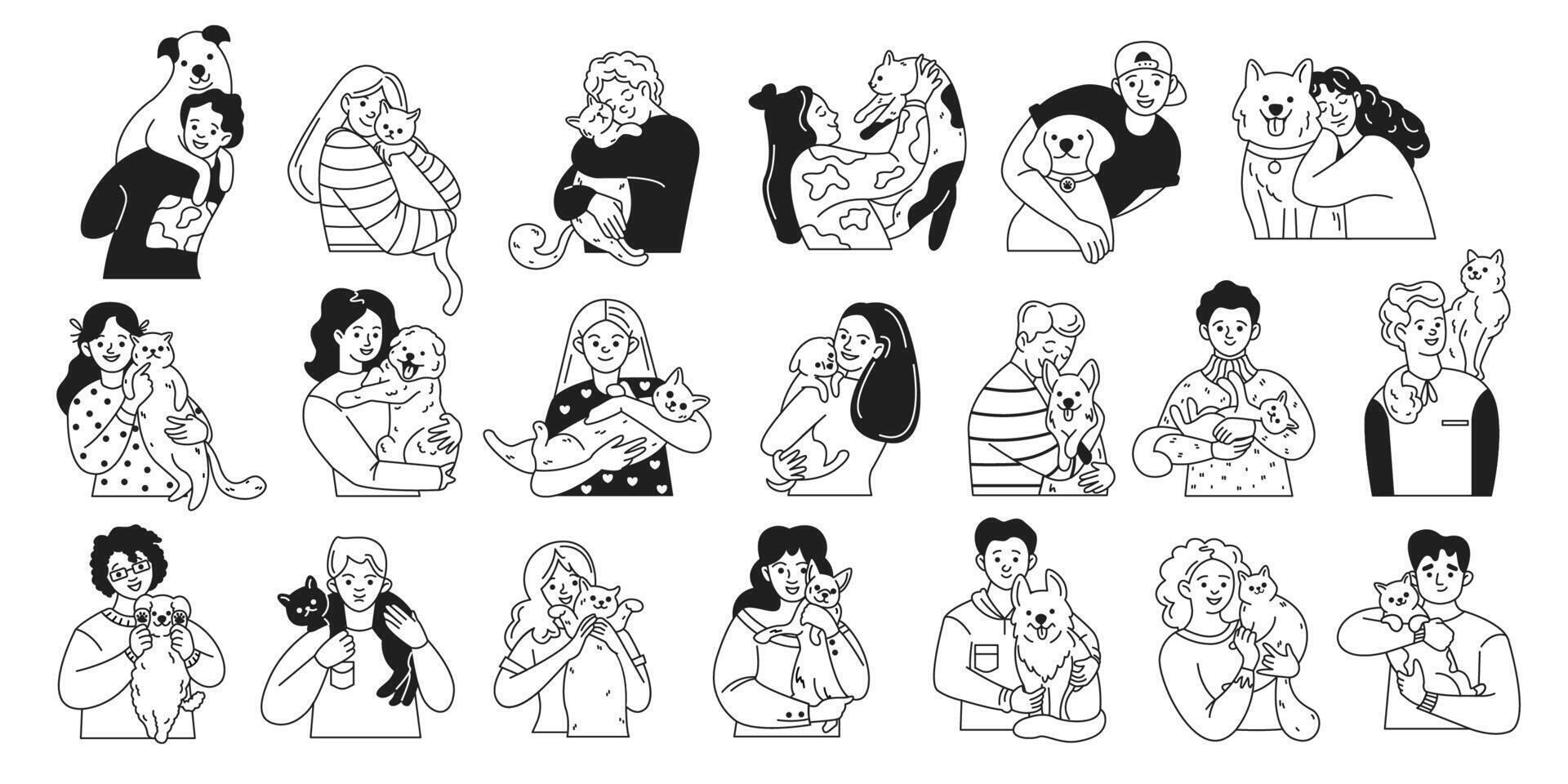 Pet owners embracing cats and dogs linear icons collection. People snuggling with furry companions characters set on white background vector