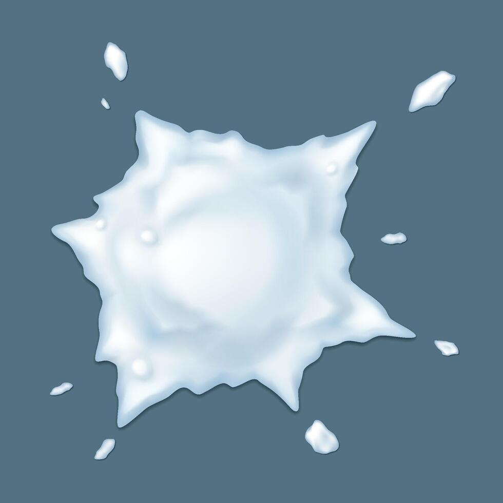 Thrown snowball splat realistic illustration. Ice blot texture. Playing with snow in wintertime 3d object on grey background vector