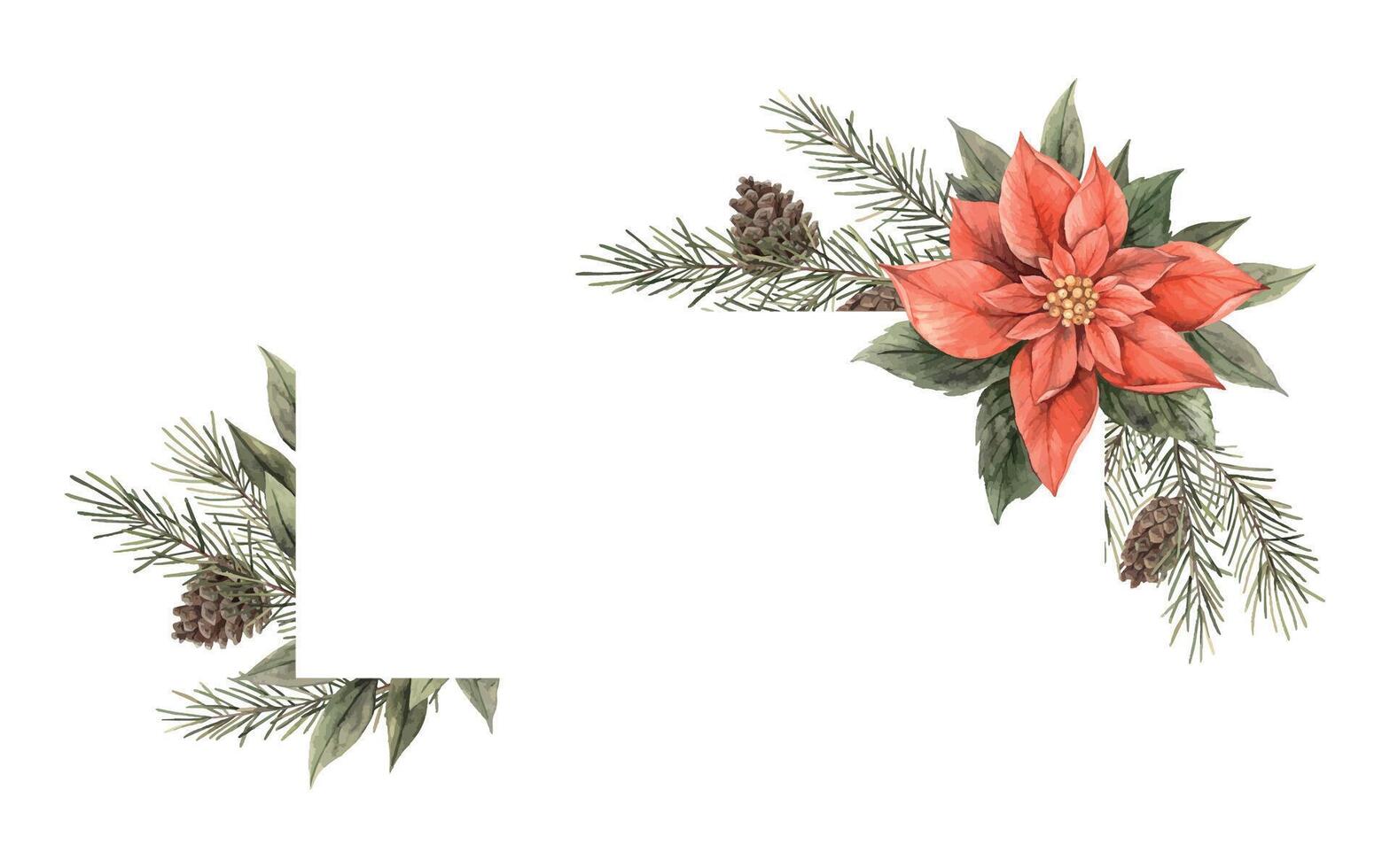 Red poinsettia flower, with fir branches and brown cones. Watercolor botanical frame, hand drawn in Christmas style. Drawing for Christmas and New Year holidays, invitations, cards, banners. vector