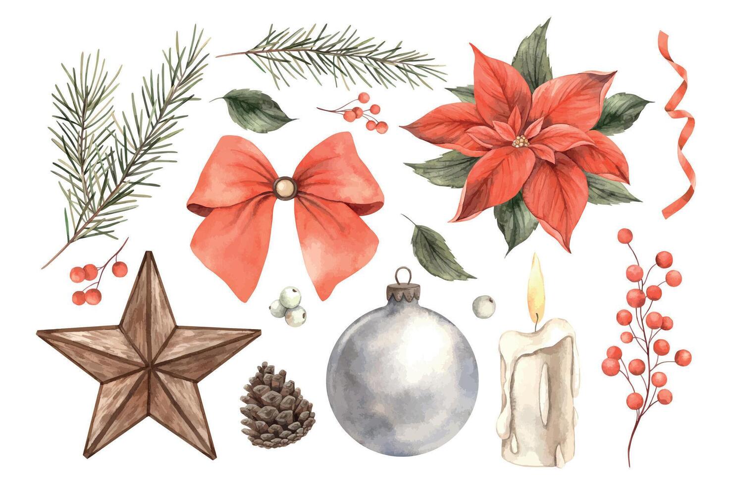 Poinsettia, fir branches, red bow and ribbons, berries and green leaves. Watercolor holiday set with fir toy, star and candles. Drawing for Christmas and New Year holidays, invitations, cards, banners vector
