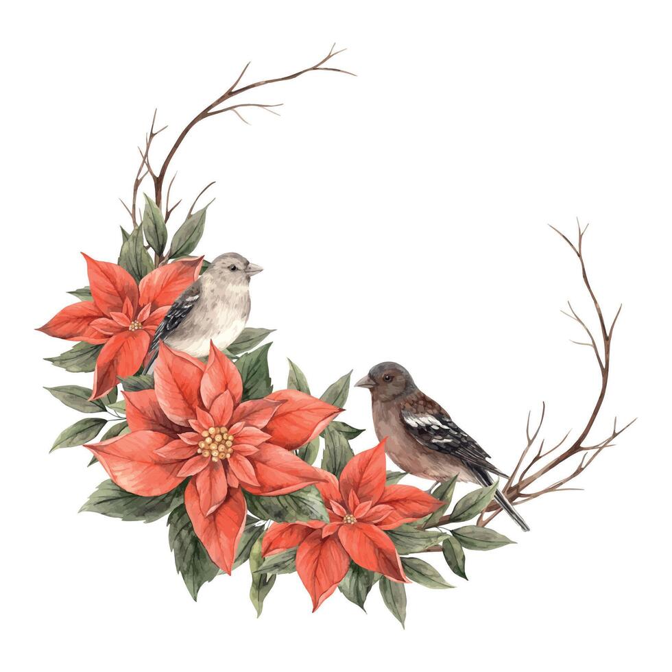 Red poinsettia, realistic bird, green leaves, dry branches, red berries. Watercolor botanical wreath in Christmas style. Drawing for Christmas and New Year holidays, invitations, cards, banners. vector