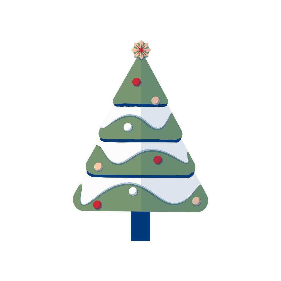 Christmas tree decorated with baubles and covered with snow. Modern geometric Christmas flat design. Holiday theme clip art. vector