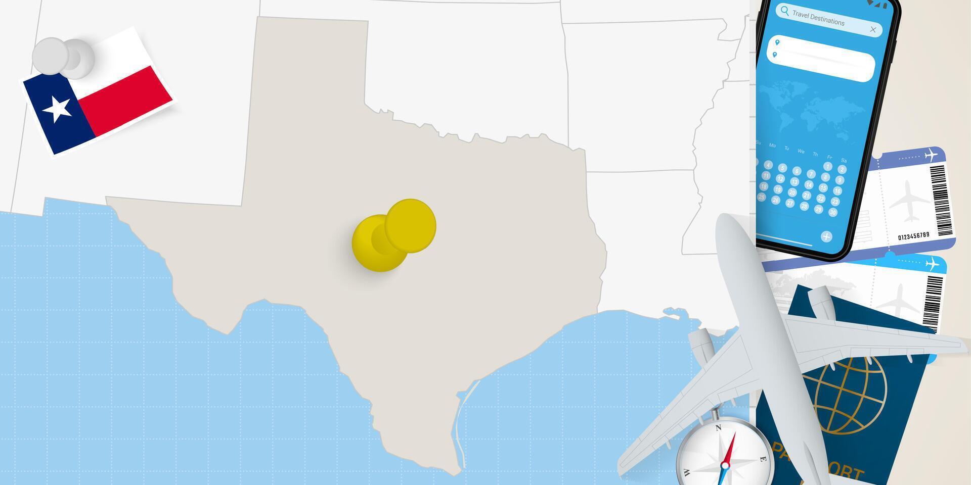 Travel to Texas concept, map with pin on map of Texas. Vacation preparation map, flag, passport and tickets. vector
