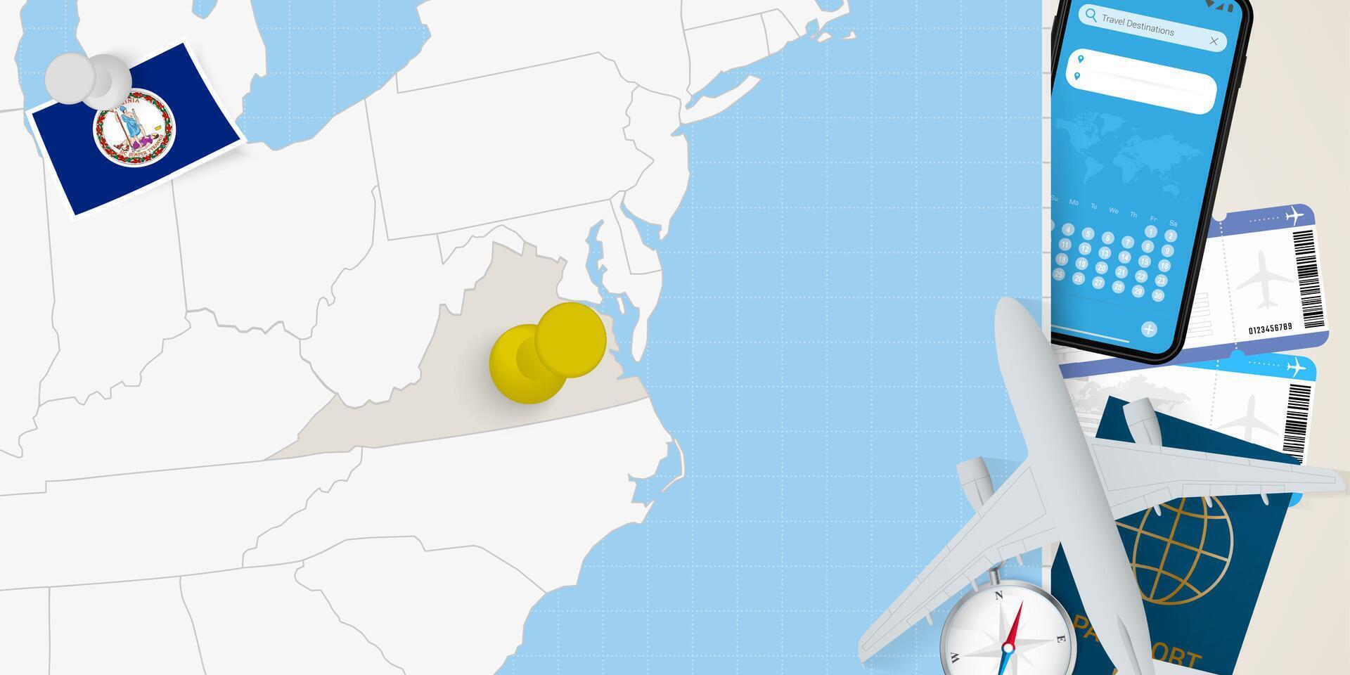 Travel to Virginia concept, map with pin on map of Virginia. Vacation preparation map, flag, passport and tickets. vector