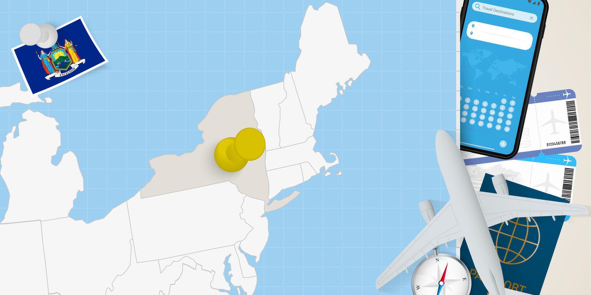Travel to New York concept, map with pin on map of New York. Vacation preparation map, flag, passport and tickets. vector