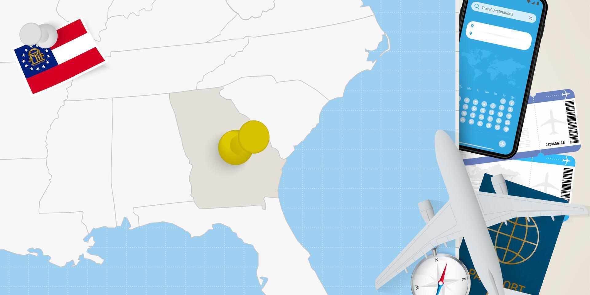 Travel to Georgia concept, map with pin on map of Georgia. Vacation preparation map, flag, passport and tickets. vector