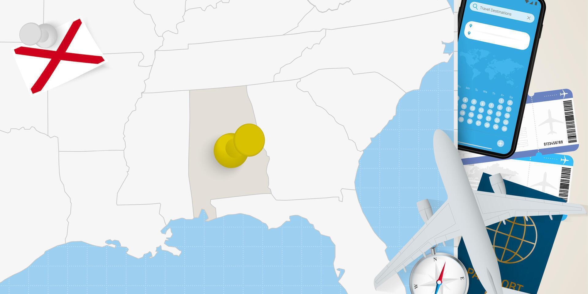 Travel to Alabama concept, map with pin on map of Alabama. Vacation preparation map, flag, passport and tickets. vector
