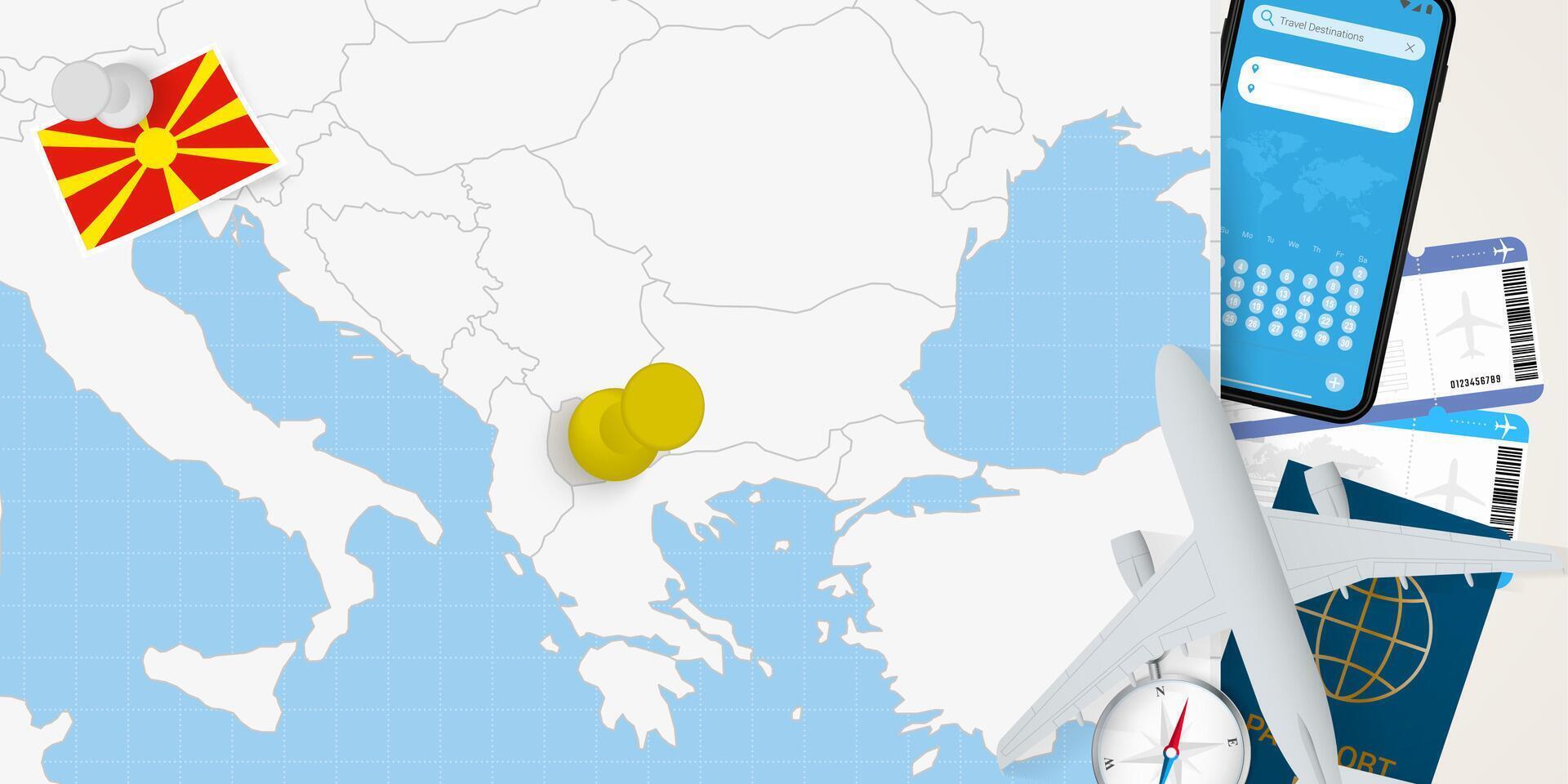 Travel to Macedonia concept, map with pin on map of Macedonia. Vacation preparation map, flag, passport and tickets. vector