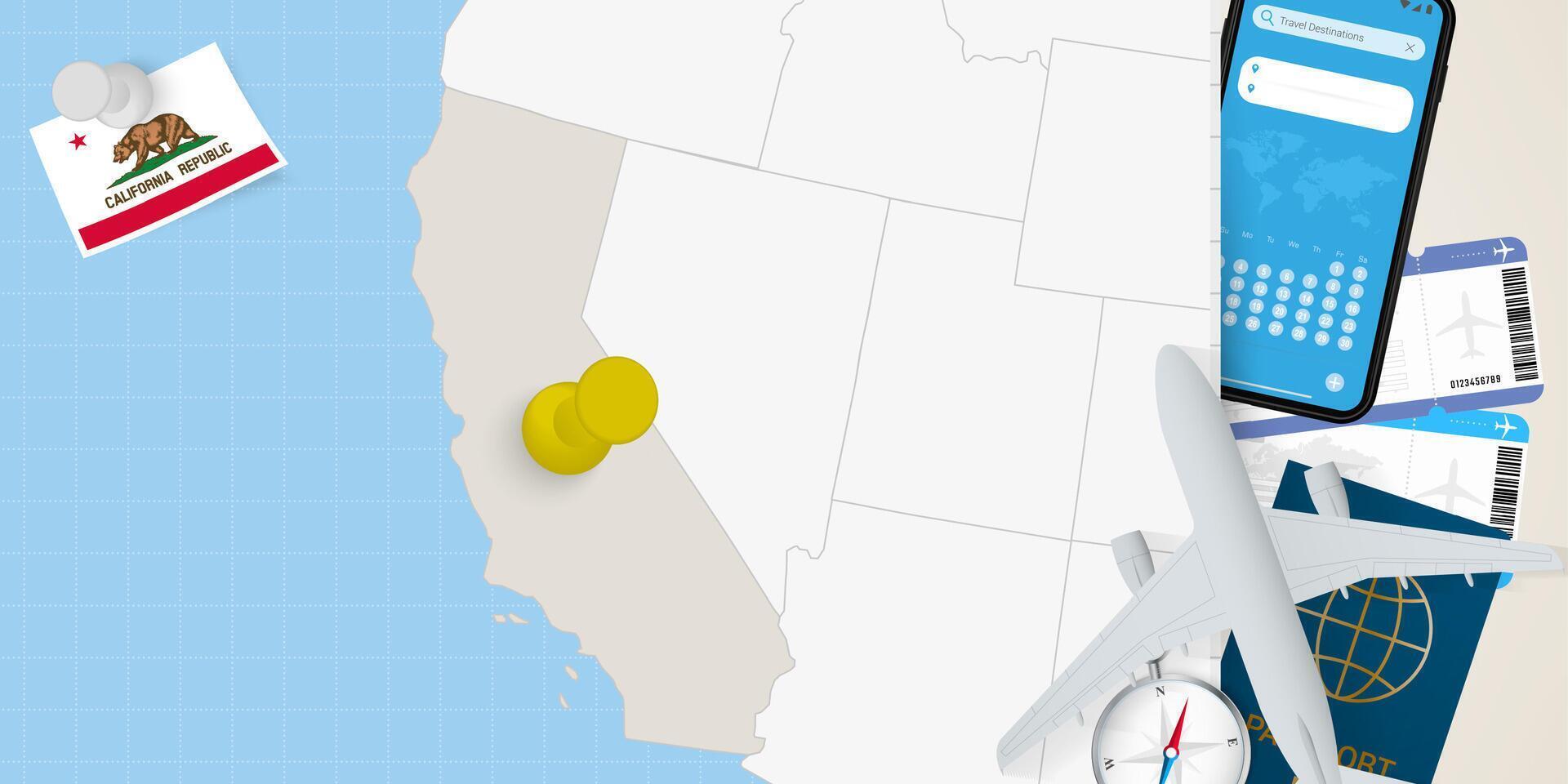 Travel to California concept, map with pin on map of California. Vacation preparation map, flag, passport and tickets. vector