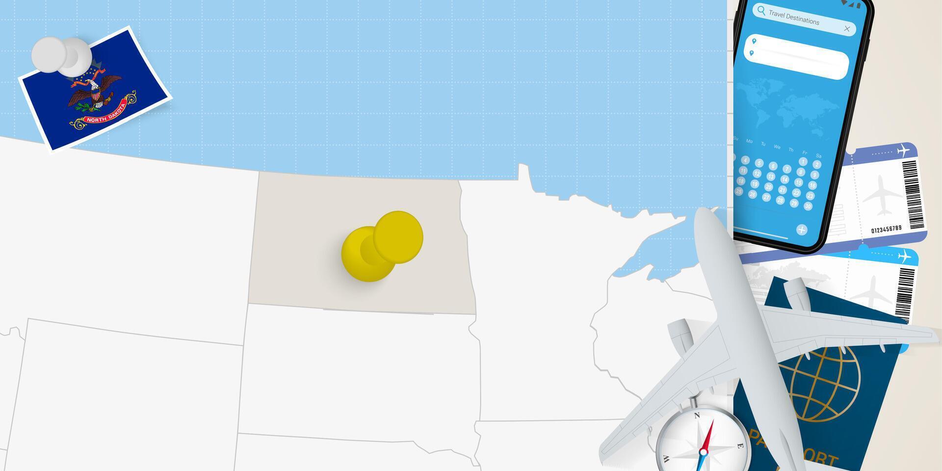 Travel to North Dakota concept, map with pin on map of North Dakota. Vacation preparation map, flag, passport and tickets. vector