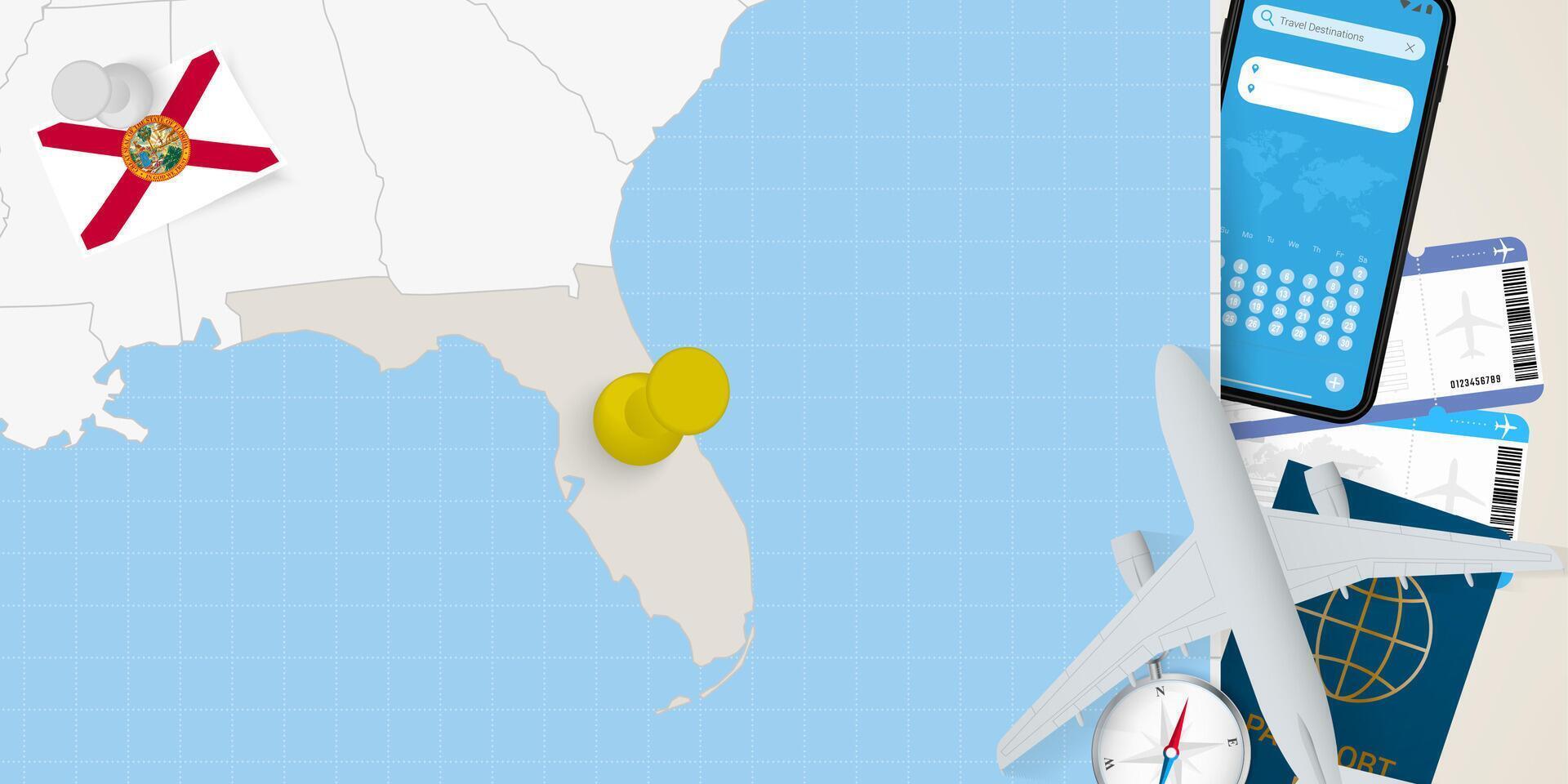 Travel to Florida concept, map with pin on map of Florida. Vacation preparation map, flag, passport and tickets. vector