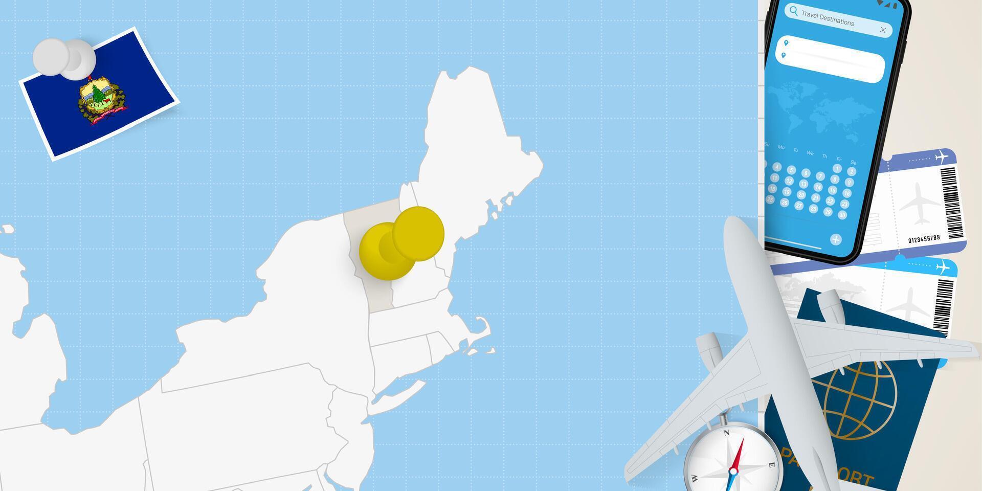 Travel to Vermont concept, map with pin on map of Vermont. Vacation preparation map, flag, passport and tickets. vector