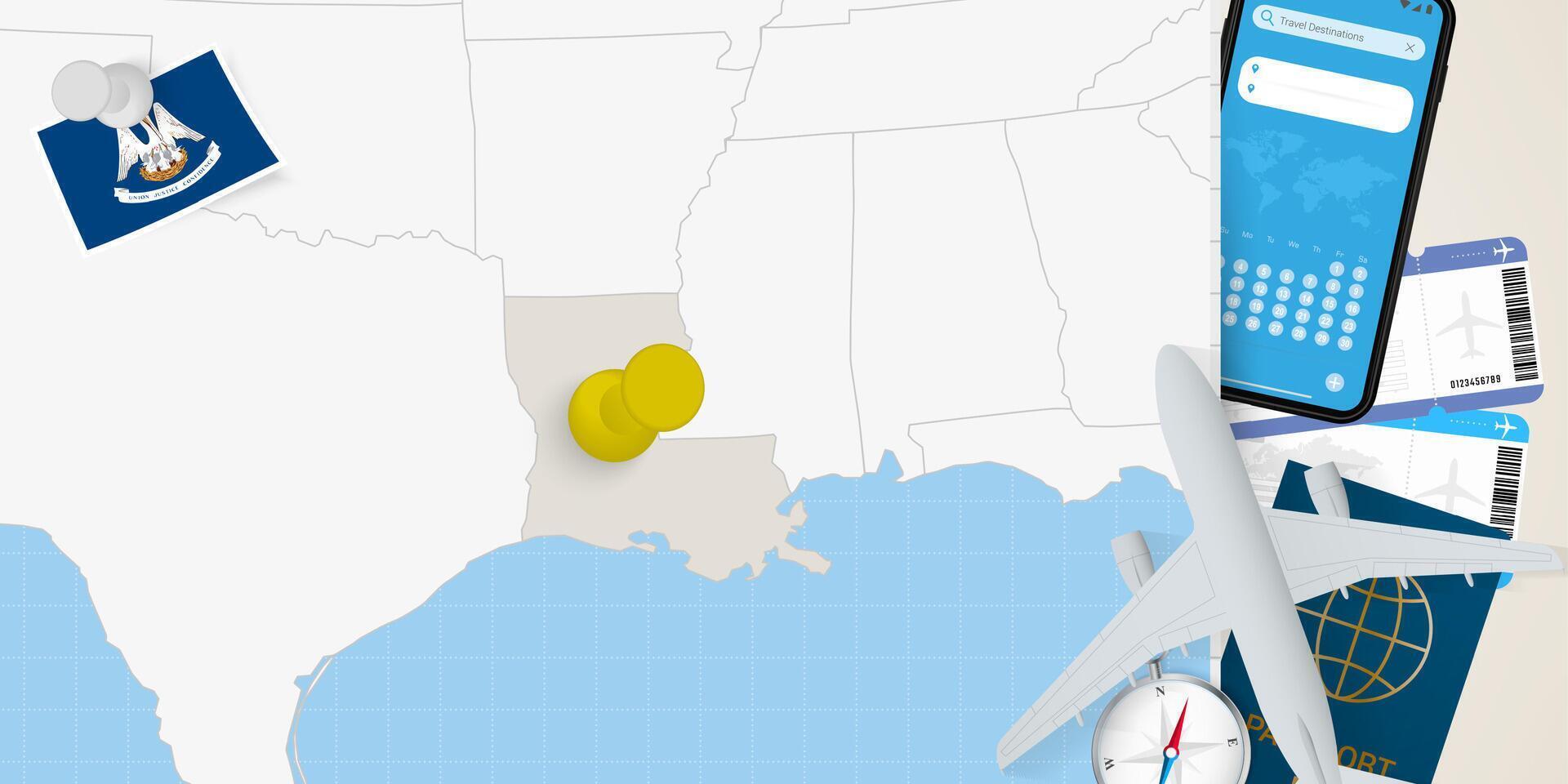Travel to Louisiana concept, map with pin on map of Louisiana. Vacation preparation map, flag, passport and tickets. vector