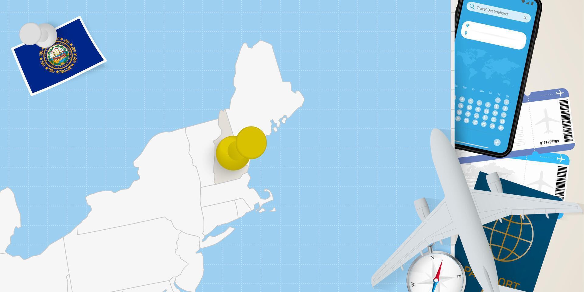Travel to New Hampshire concept, map with pin on map of New Hampshire. Vacation preparation map, flag, passport and tickets. vector