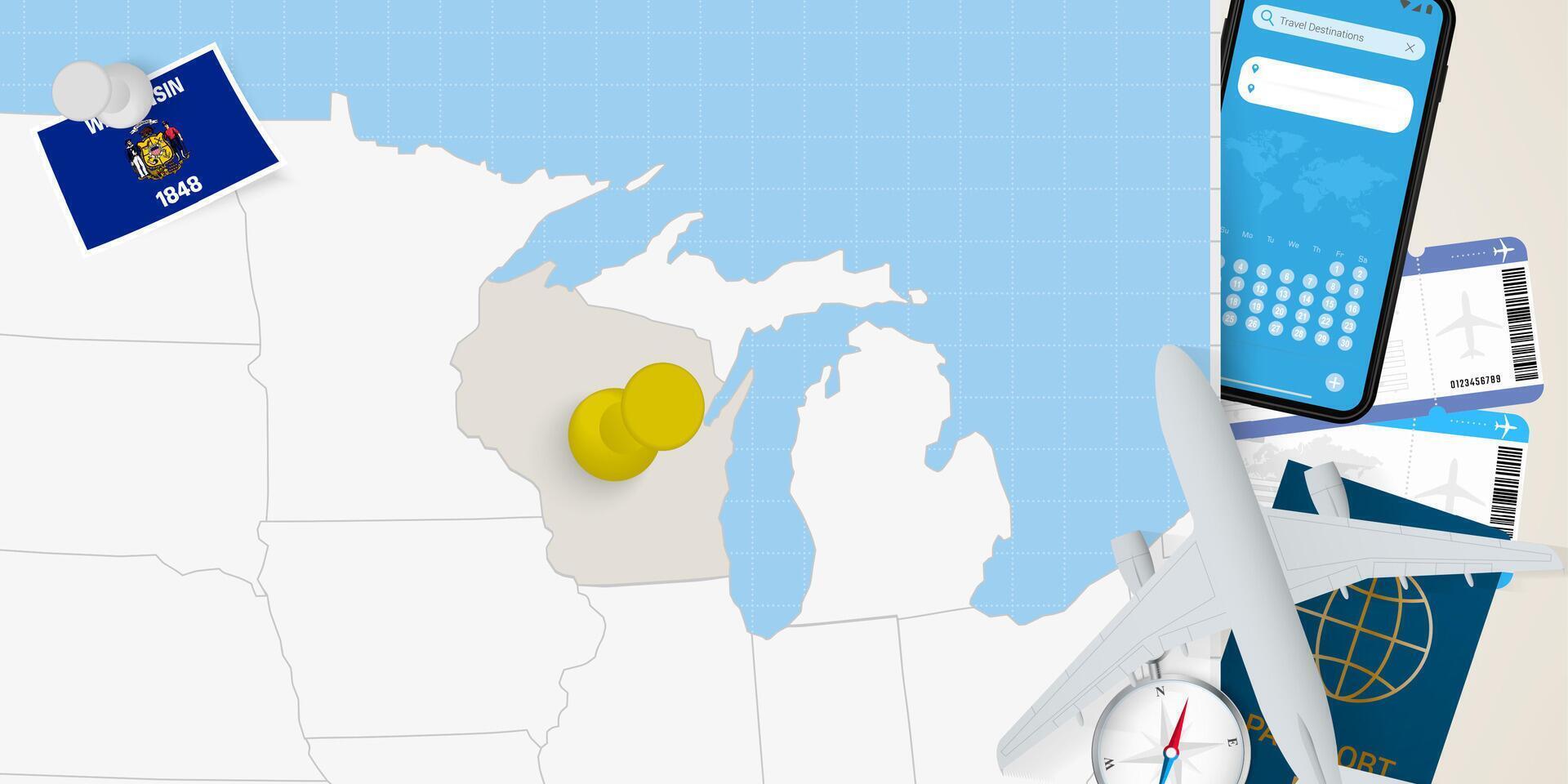 Travel to Wisconsin concept, map with pin on map of Wisconsin. Vacation preparation map, flag, passport and tickets. vector