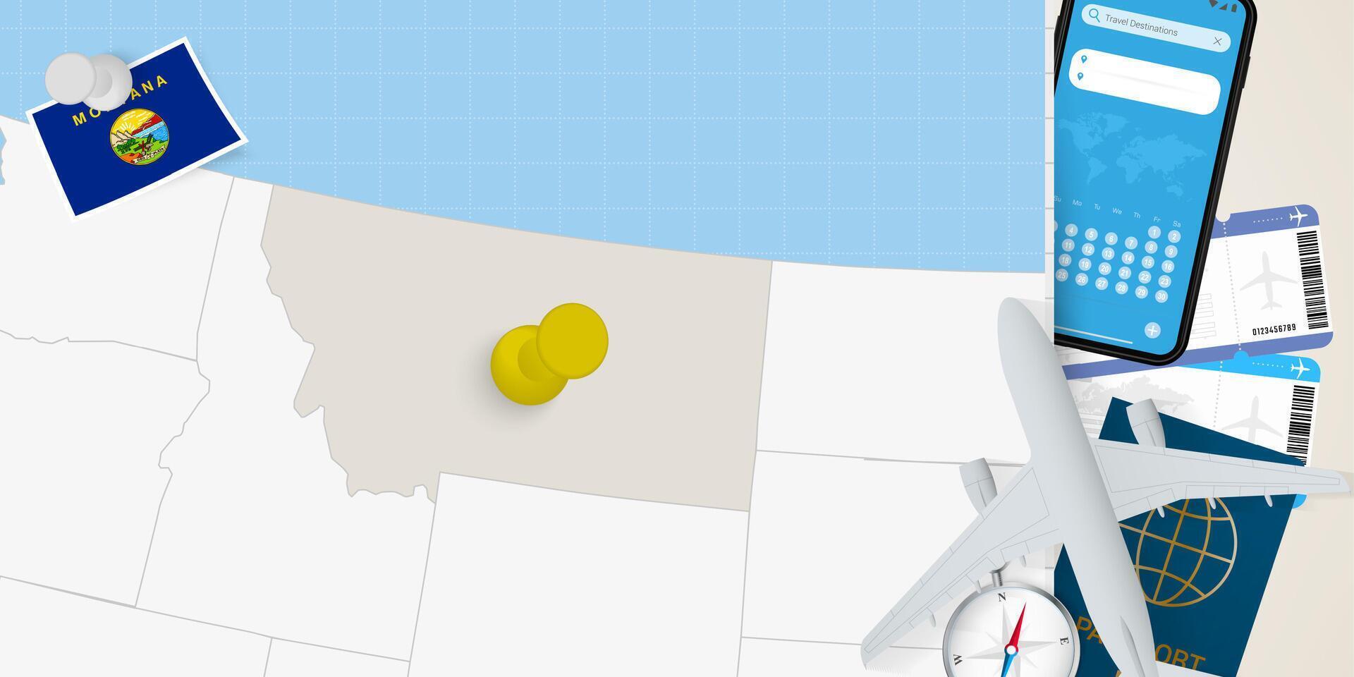 Travel to Montana concept, map with pin on map of Montana. Vacation preparation map, flag, passport and tickets. vector