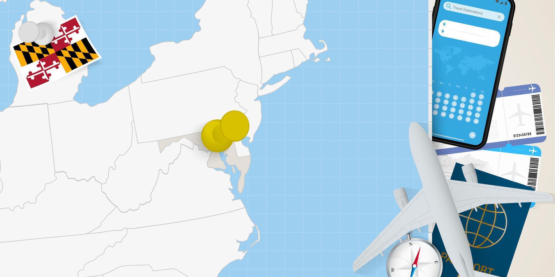 Travel to Maryland concept, map with pin on map of Maryland. Vacation preparation map, flag, passport and tickets. vector