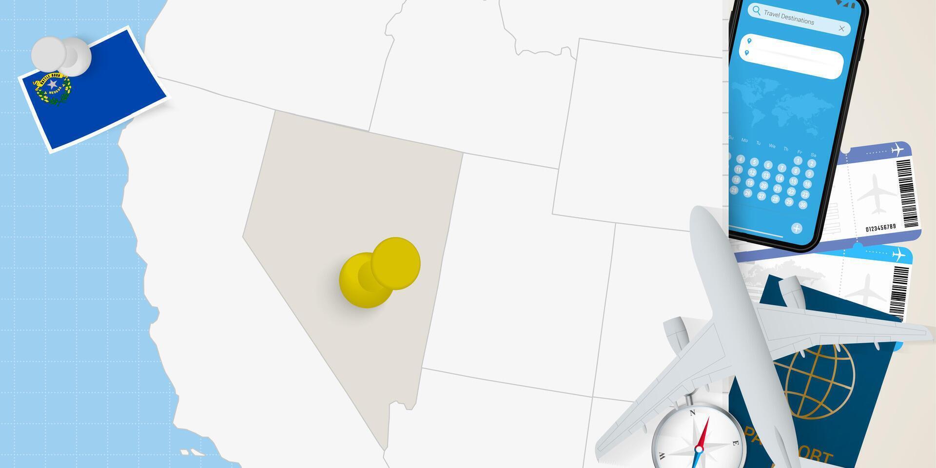 Travel to Nevada concept, map with pin on map of Nevada. Vacation preparation map, flag, passport and tickets. vector