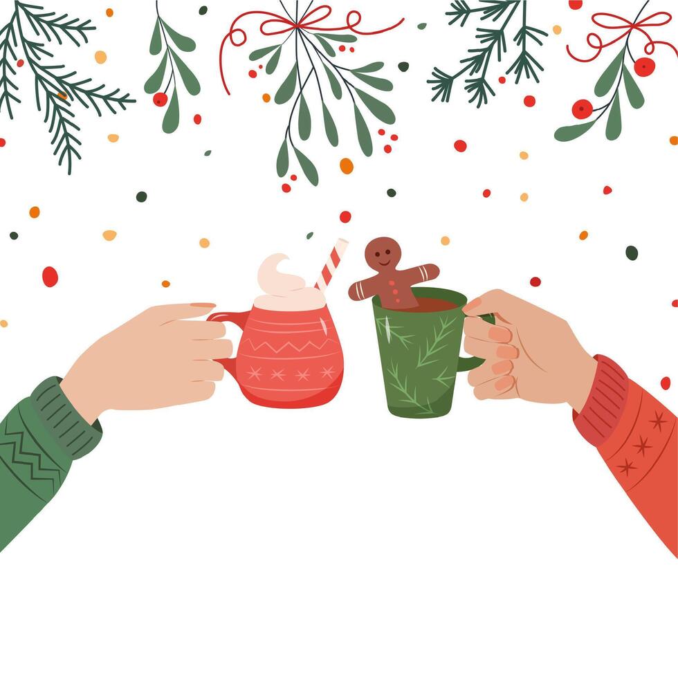 Hands holding festive mugs with holiday drinks, surrounded by seasonal greenery, berries, and cheerful decor vector