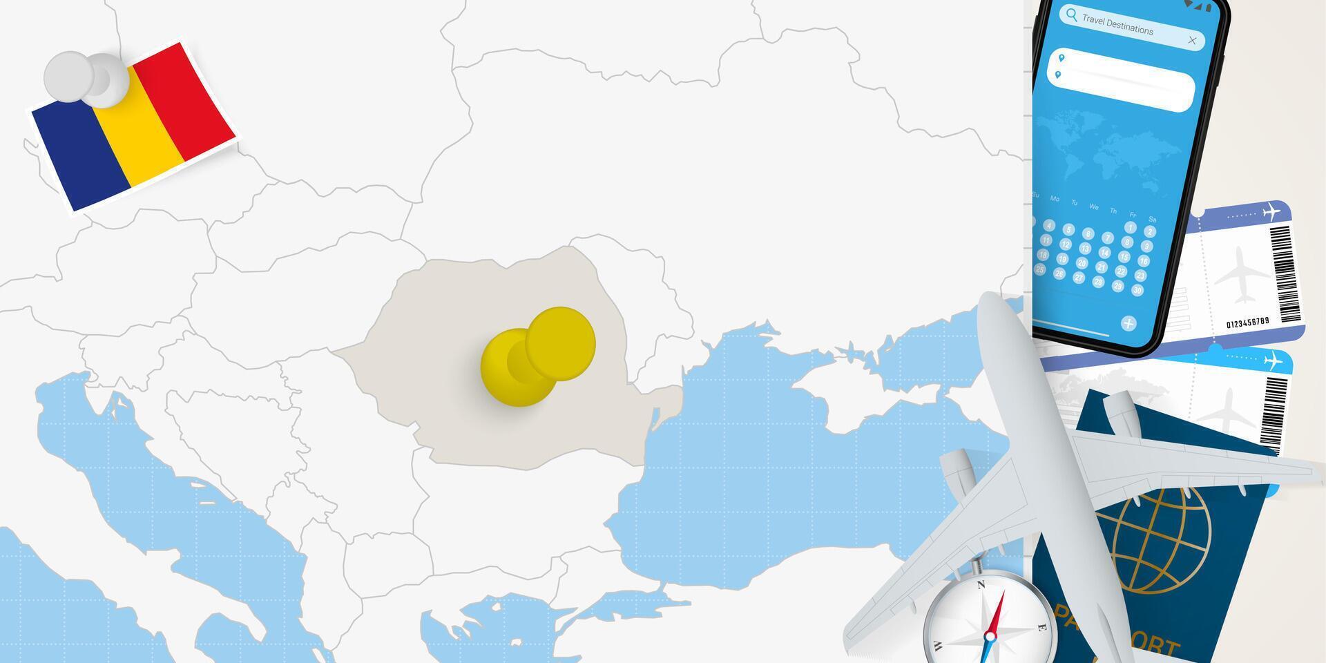 Travel to Romania concept, map with pin on map of Romania. Vacation preparation map, flag, passport and tickets. vector