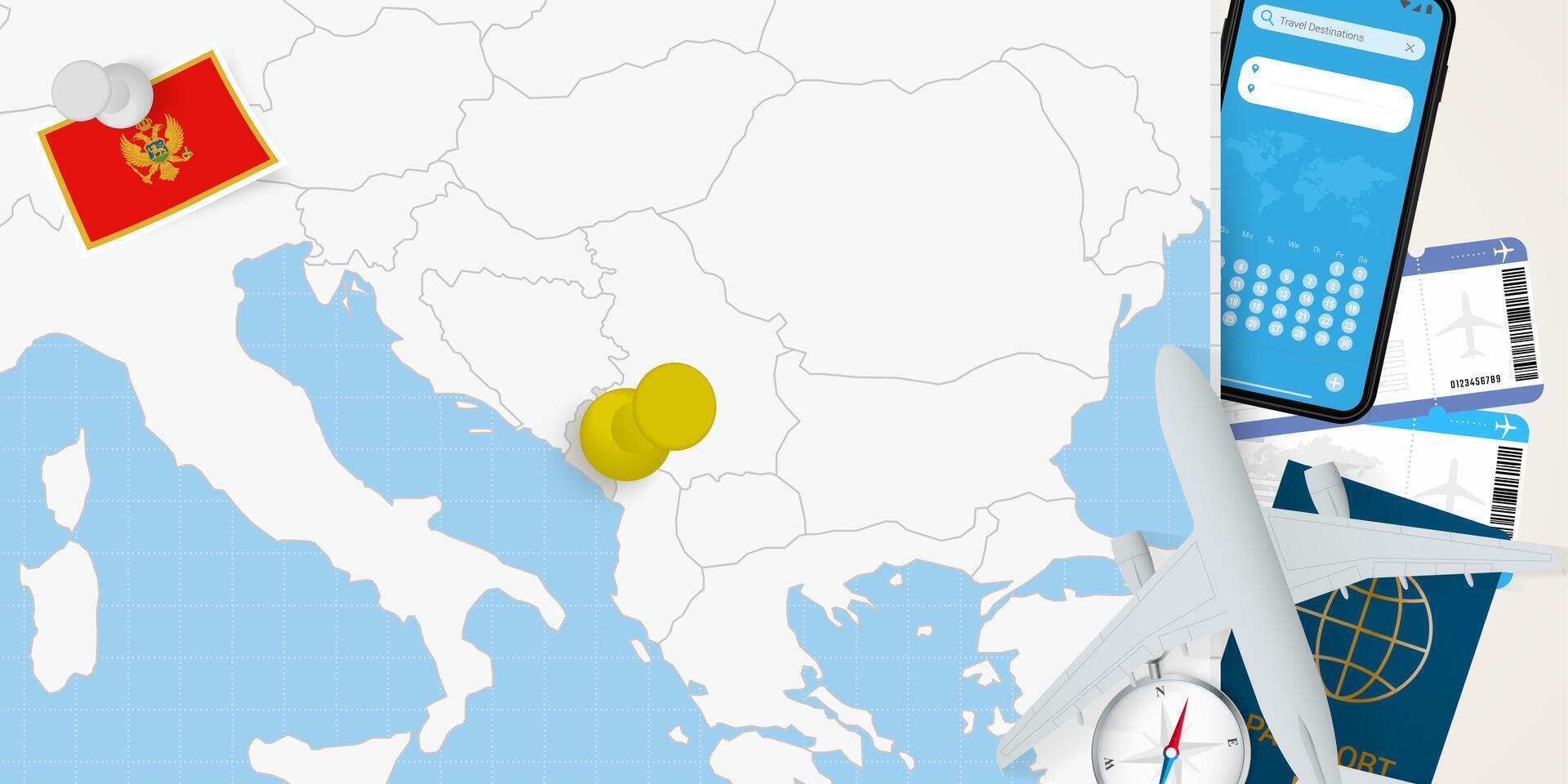 Travel to Montenegro concept, map with pin on map of Montenegro. Vacation preparation map, flag, passport and tickets. vector