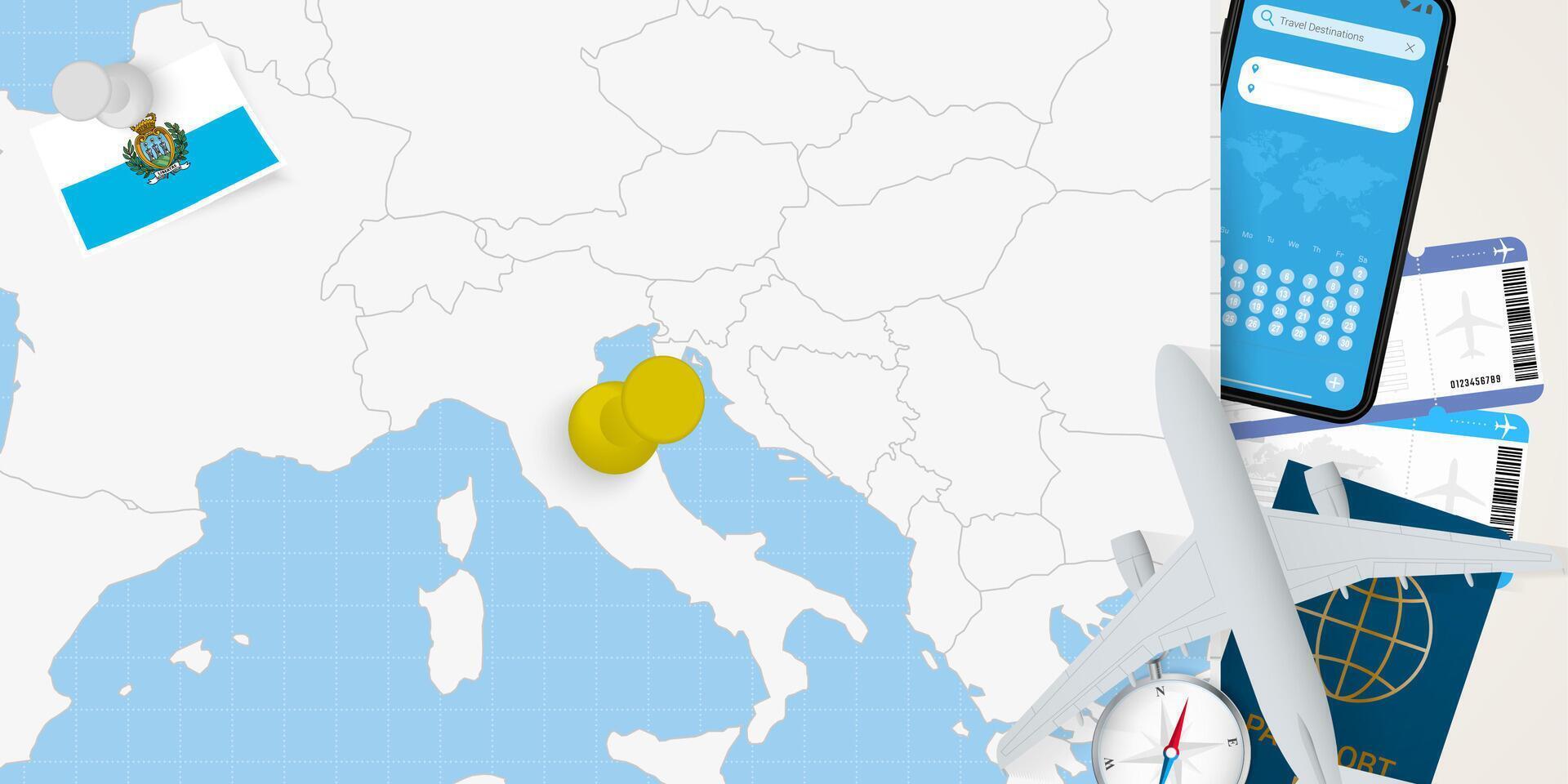 Travel to San Marino concept, map with pin on map of San Marino. Vacation preparation map, flag, passport and tickets. vector