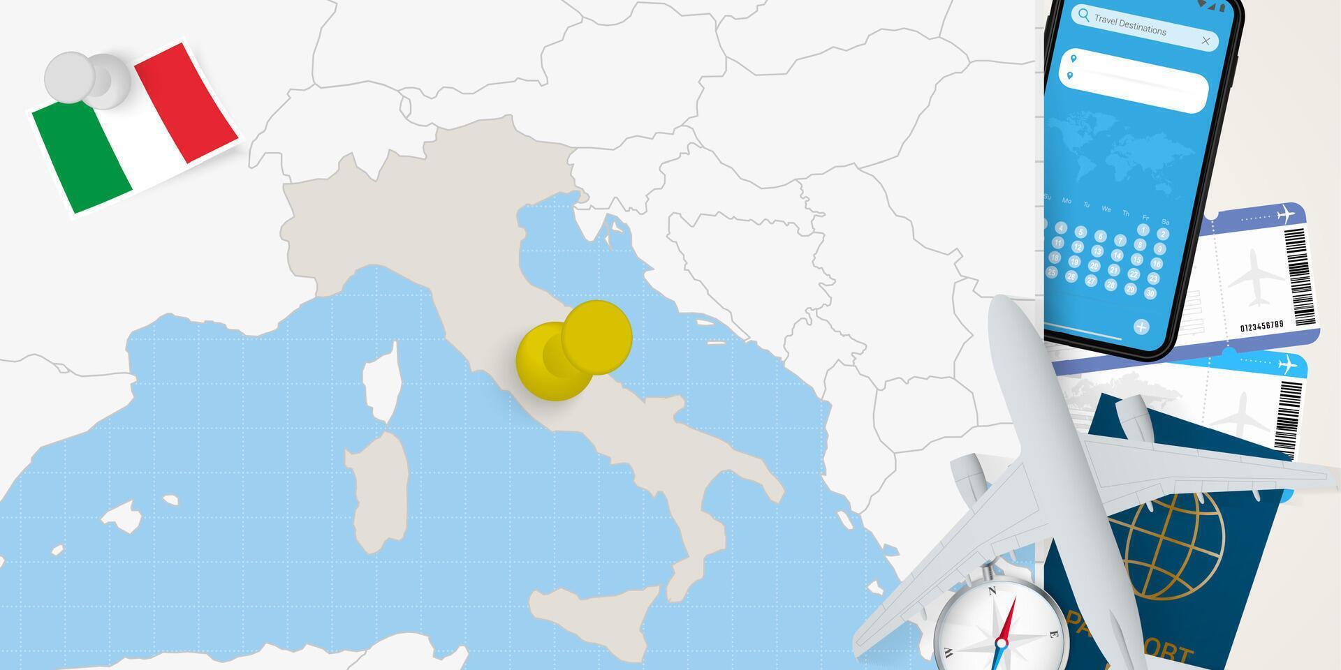 Travel to Italy concept, map with pin on map of Italy. Vacation preparation map, flag, passport and tickets. vector