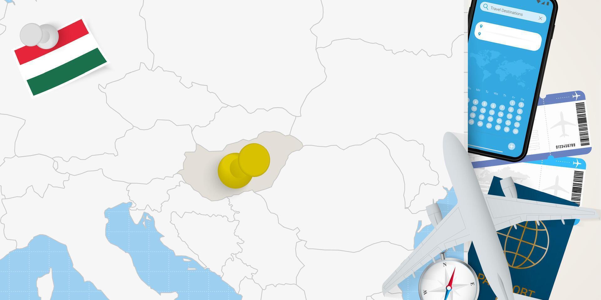 Travel to Hungary concept, map with pin on map of Hungary. Vacation preparation map, flag, passport and tickets. vector
