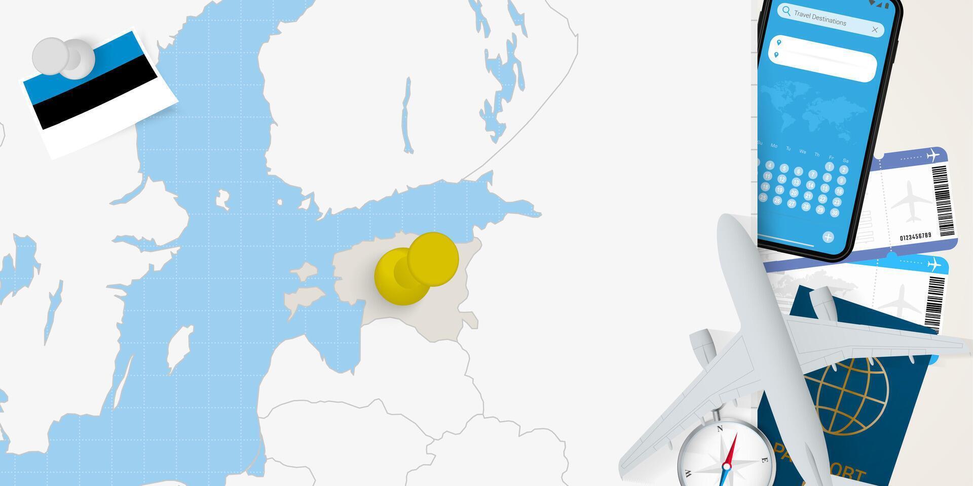 Travel to Estonia concept, map with pin on map of Estonia. Vacation preparation map, flag, passport and tickets. vector