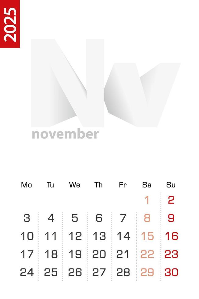Minimalist calendar template for November 2025, calendar in English. vector