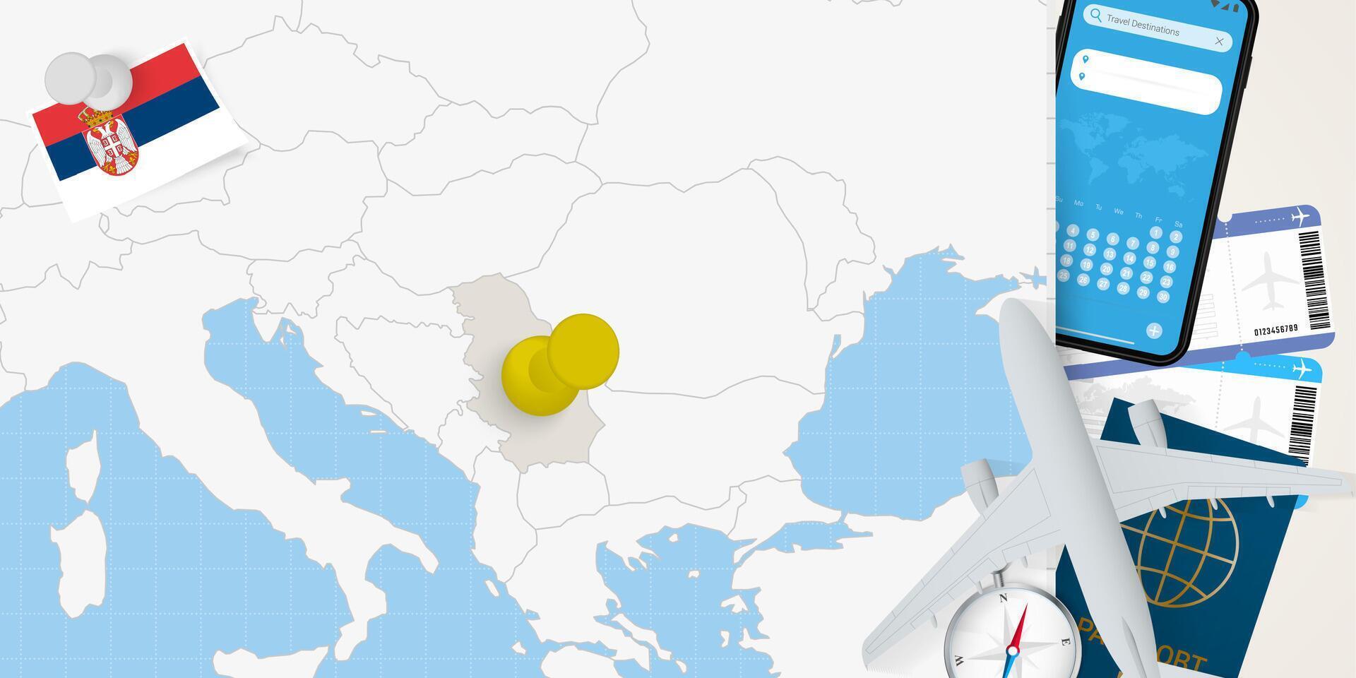 Travel to Serbia concept, map with pin on map of Serbia. Vacation preparation map, flag, passport and tickets. vector