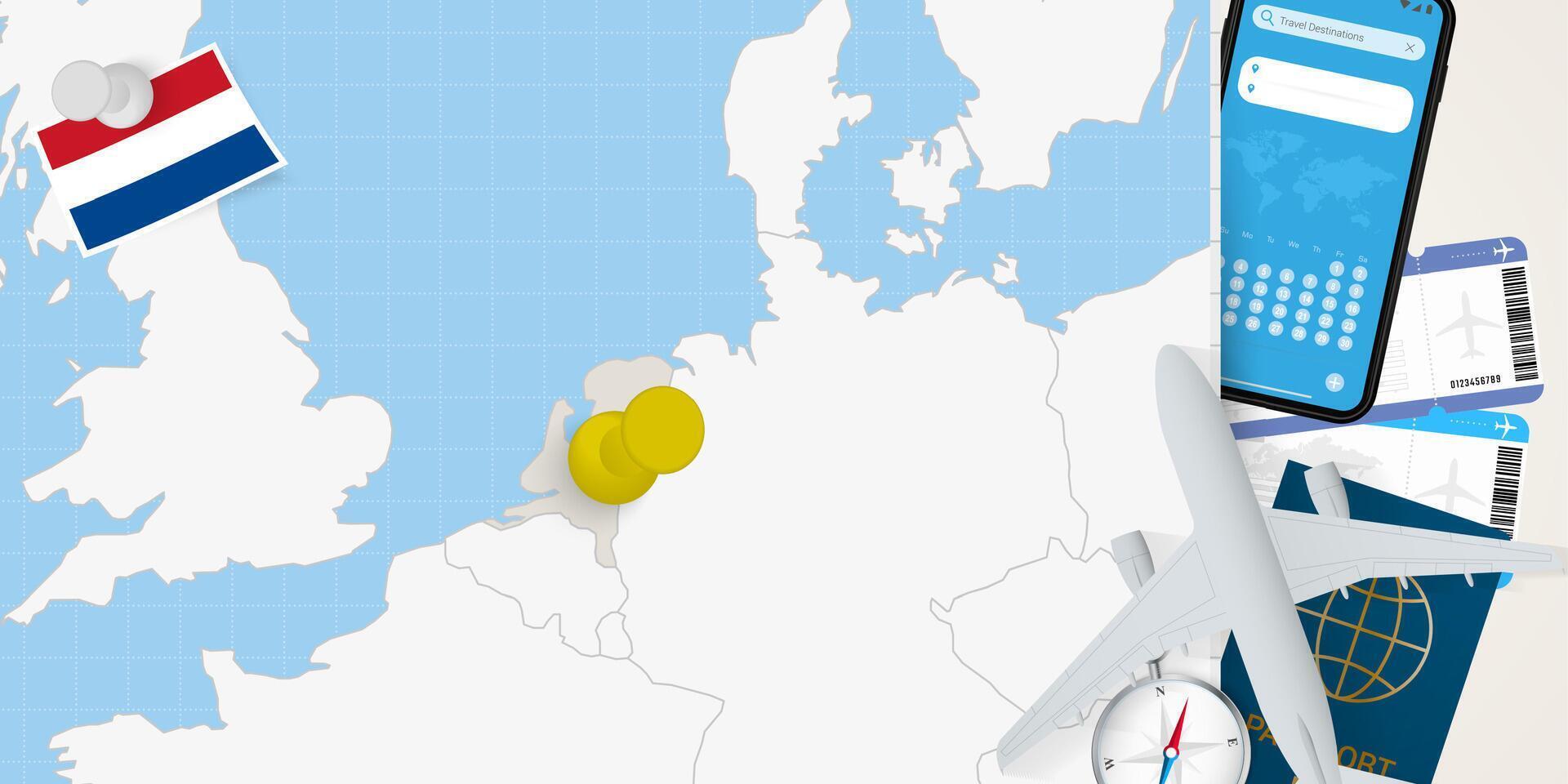 Travel to Netherlands concept, map with pin on map of Netherlands. Vacation preparation map, flag, passport and tickets. vector
