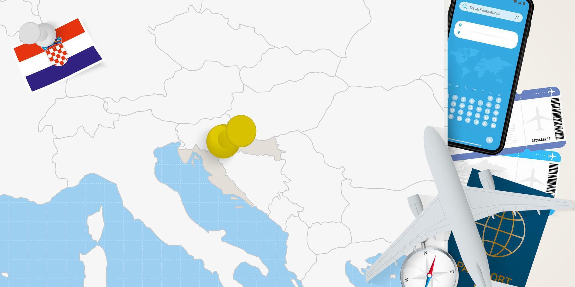 Travel to Croatia concept, map with pin on map of Croatia. Vacation preparation map, flag, passport and tickets. vector