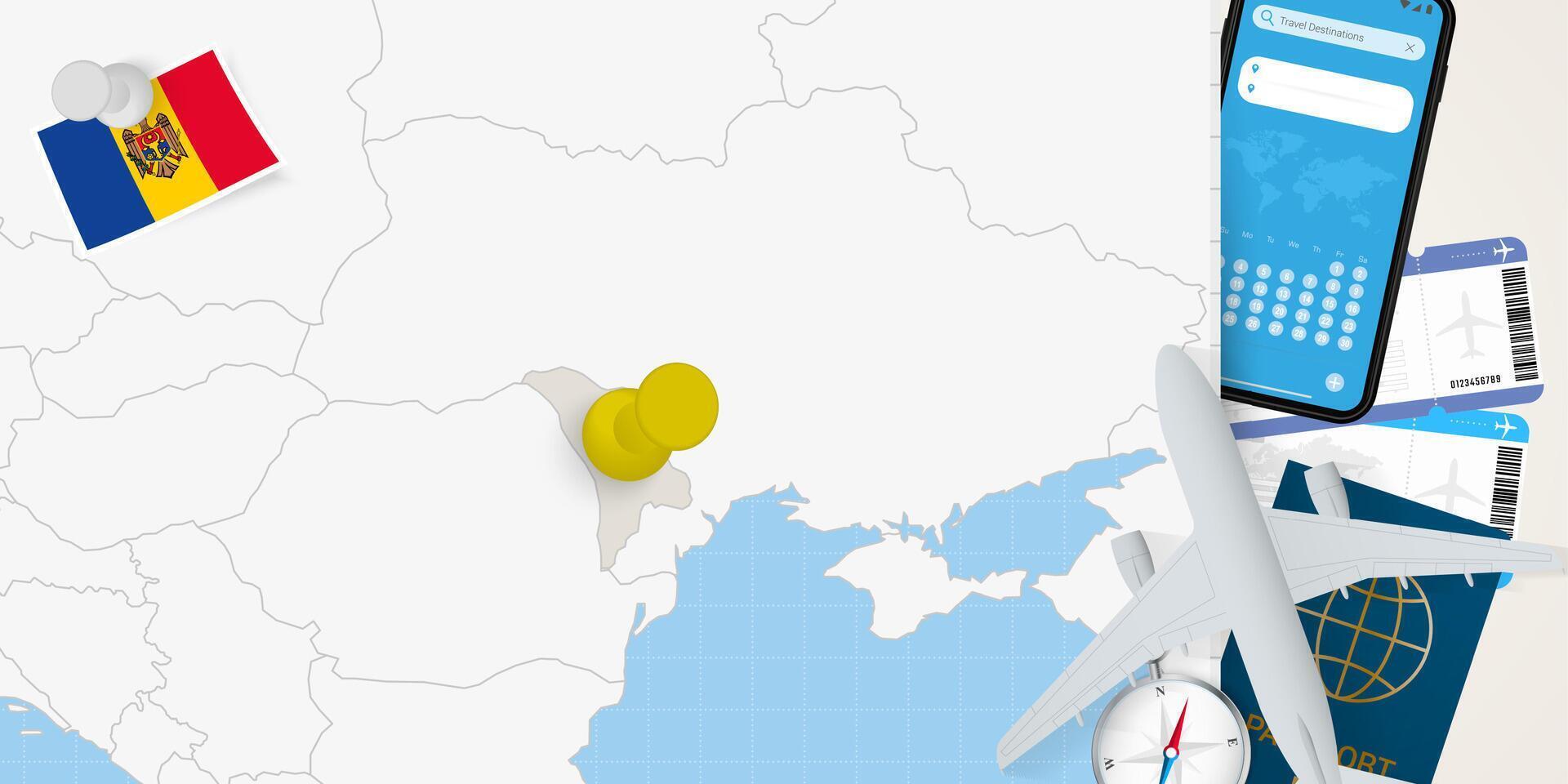 Travel to Moldova concept, map with pin on map of Moldova. Vacation preparation map, flag, passport and tickets. vector