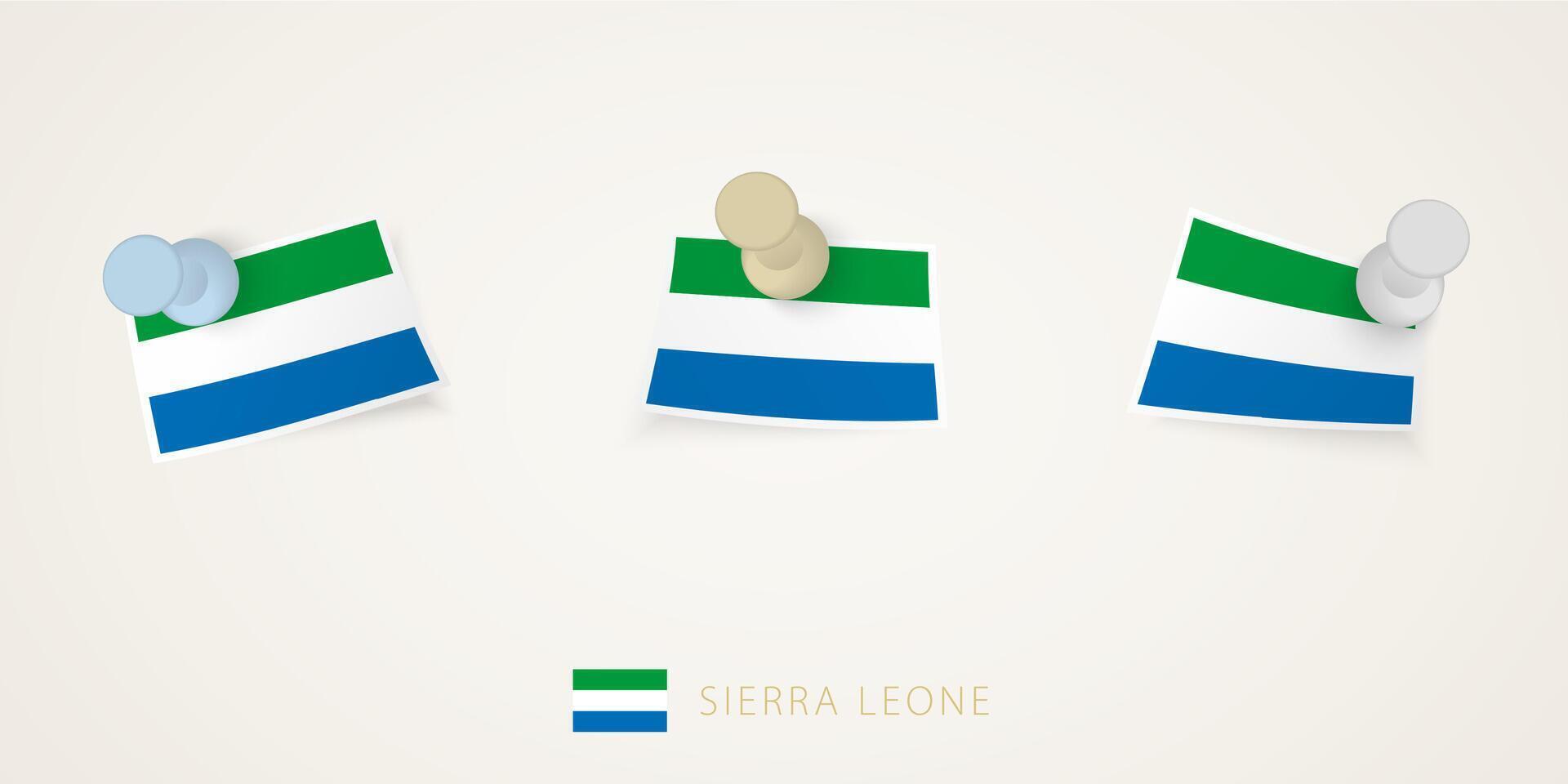 Pinned flag of Sierra Leone in different shapes with twisted corners. pushpins top view. vector