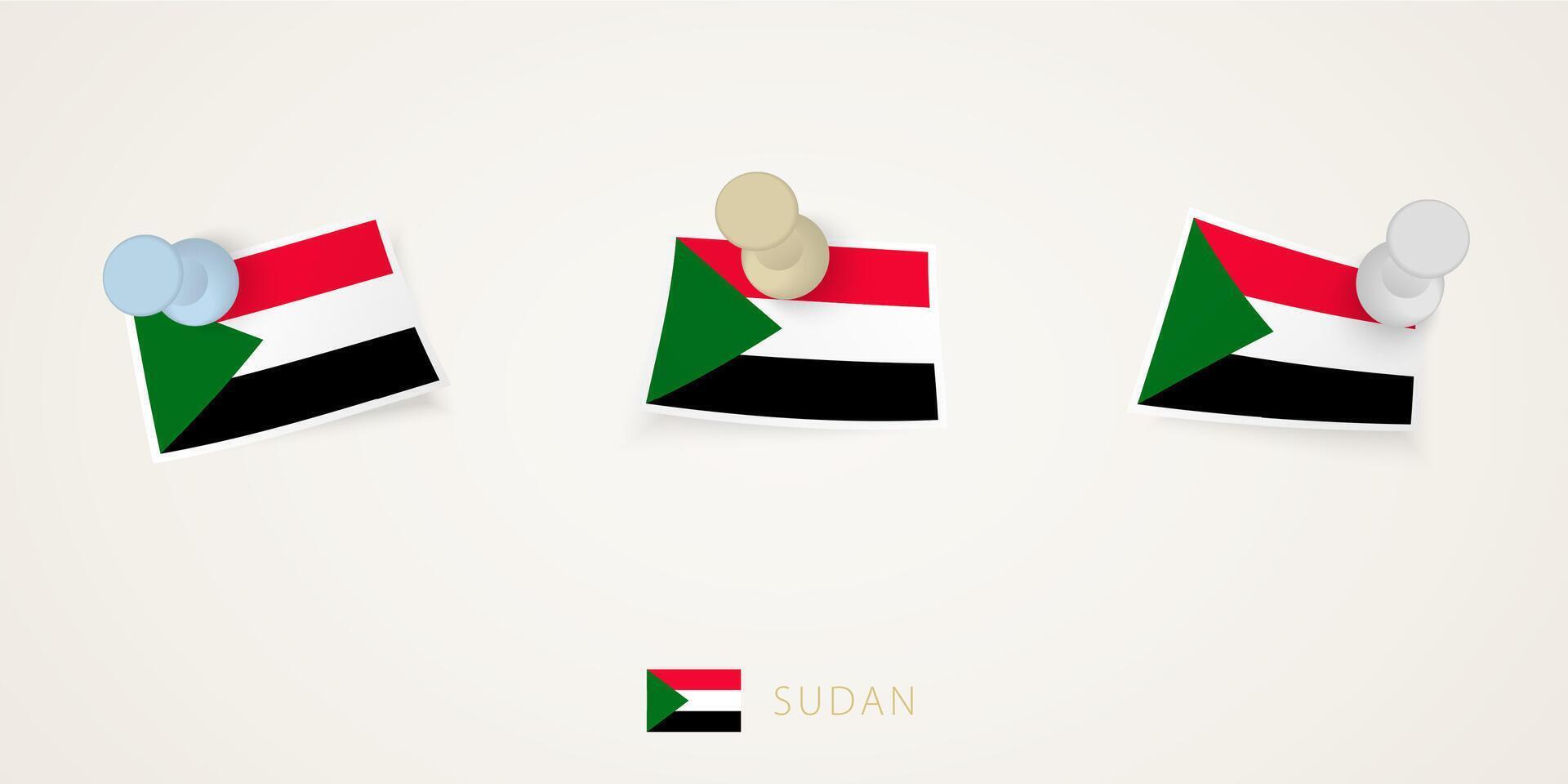 Pinned flag of Sudan in different shapes with twisted corners. pushpins top view. vector