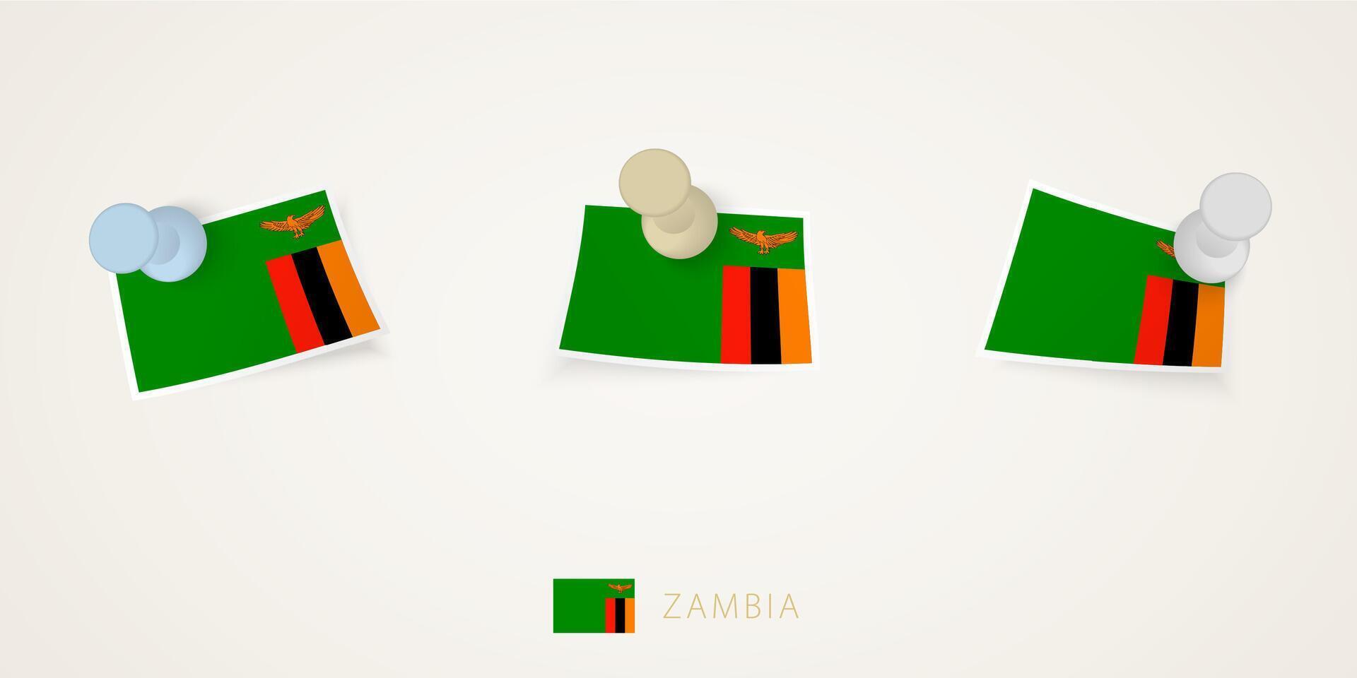 Pinned flag of Zambia in different shapes with twisted corners. pushpins top view. vector
