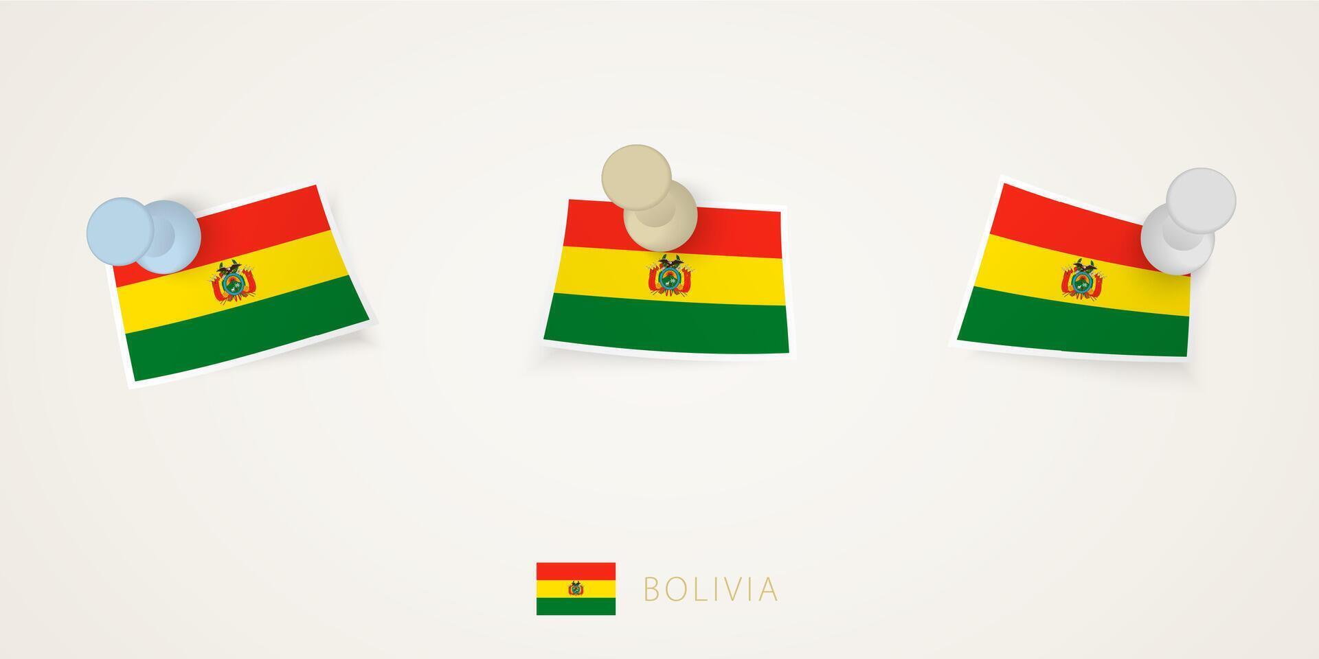 Pinned flag of Bolivia in different shapes with twisted corners. pushpins top view. vector