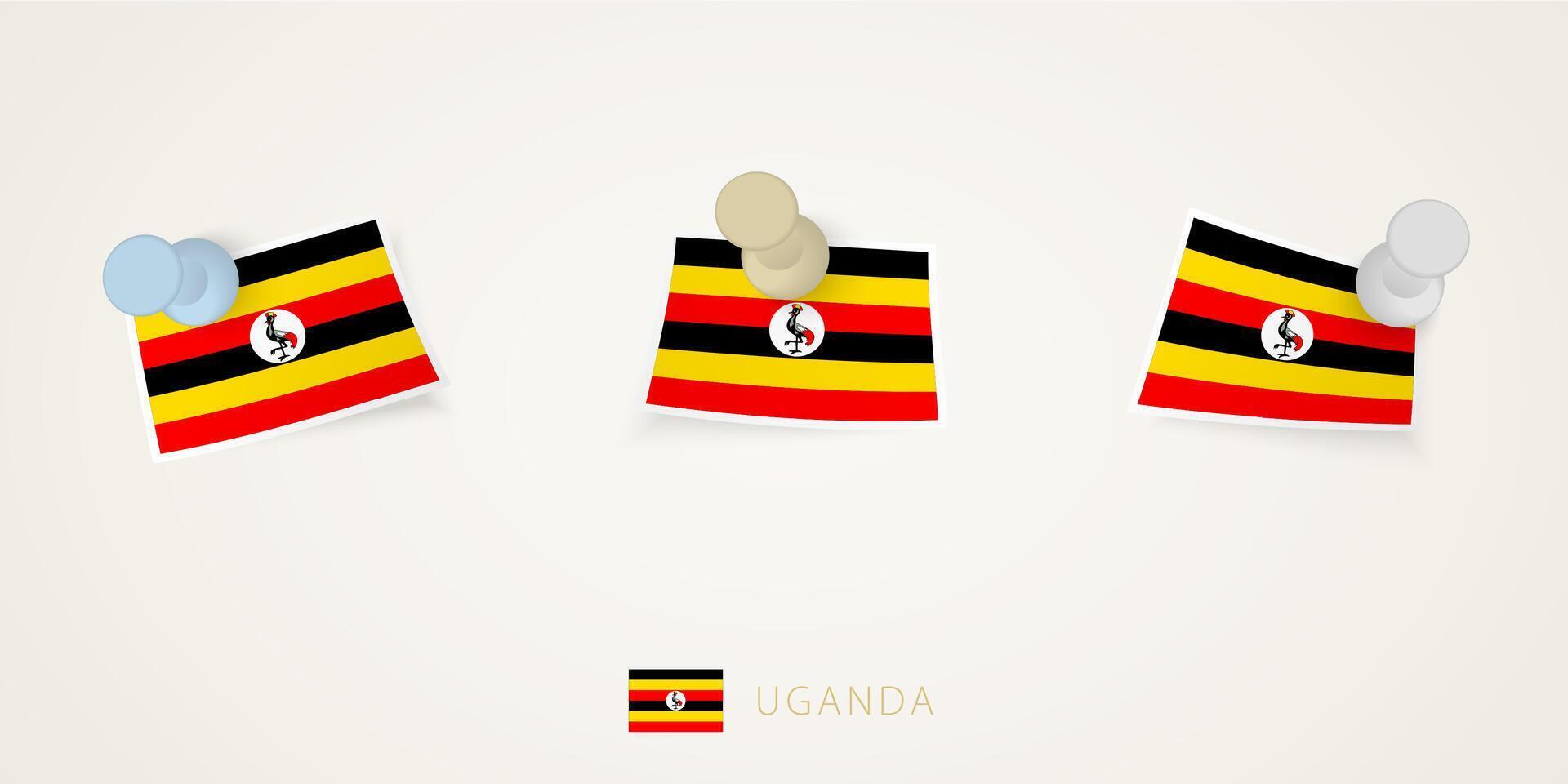 Pinned flag of Uganda in different shapes with twisted corners. pushpins top view. vector