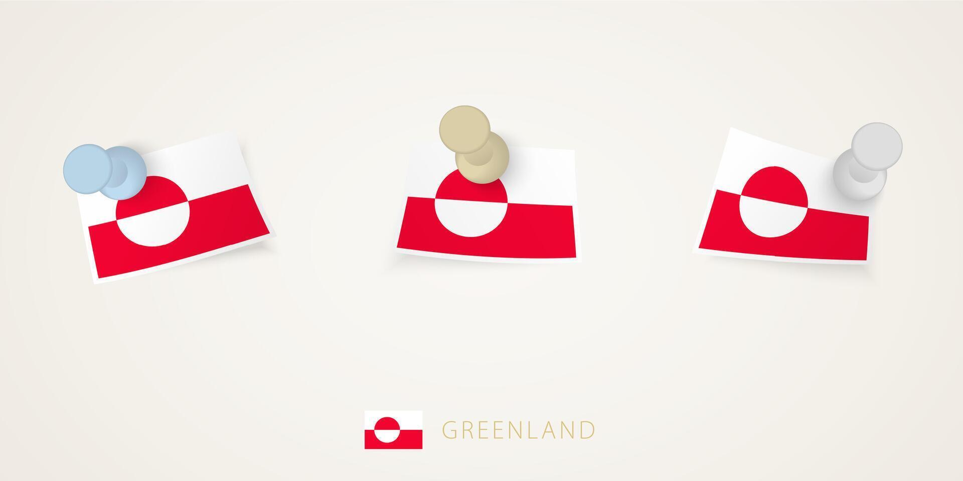 Pinned flag of Greenland in different shapes with twisted corners. pushpins top view. vector
