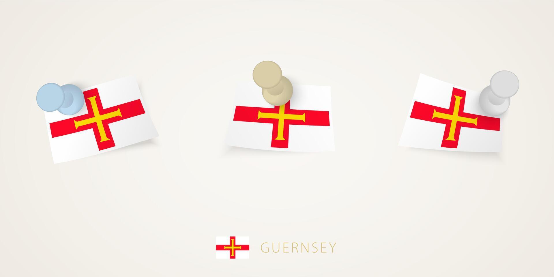 Pinned flag of Guernsey in different shapes with twisted corners. pushpins top view. vector