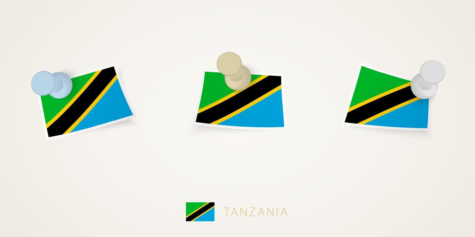 Pinned flag of Tanzania in different shapes with twisted corners. pushpins top view. vector
