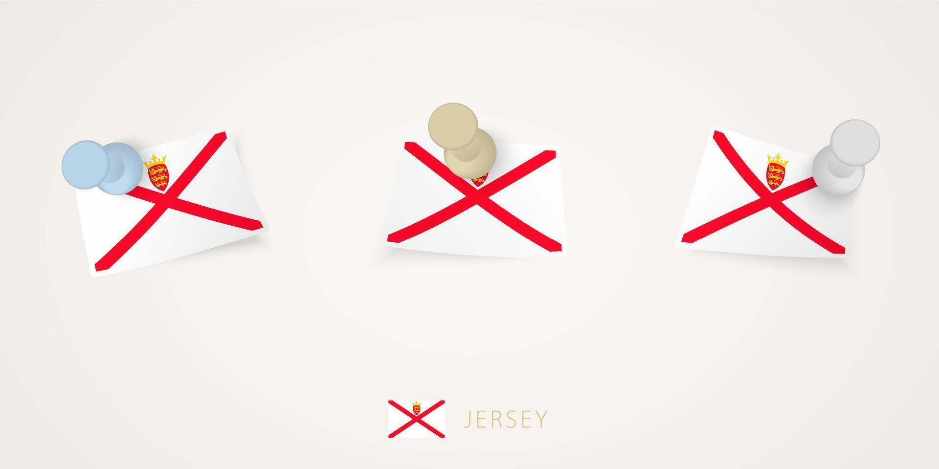 Pinned flag of Jersey in different shapes with twisted corners. pushpins top view. vector