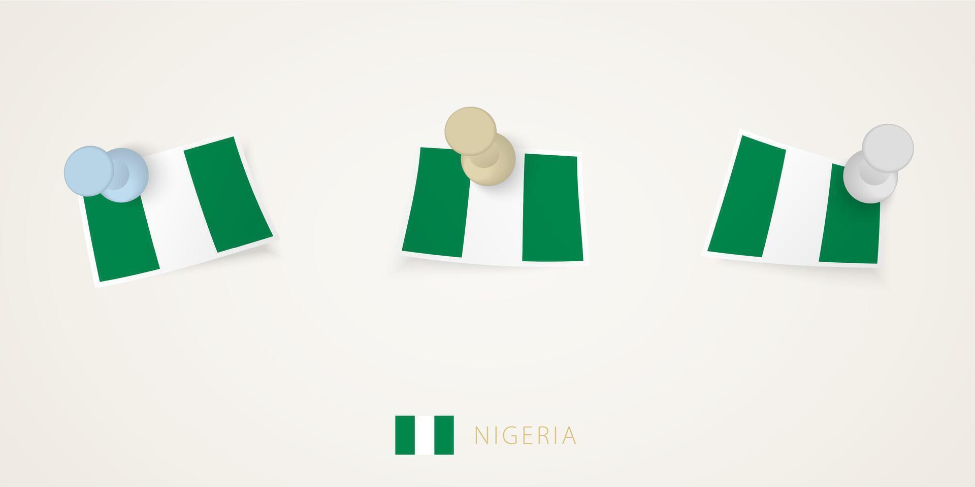 Pinned flag of Nigeria in different shapes with twisted corners. pushpins top view. vector